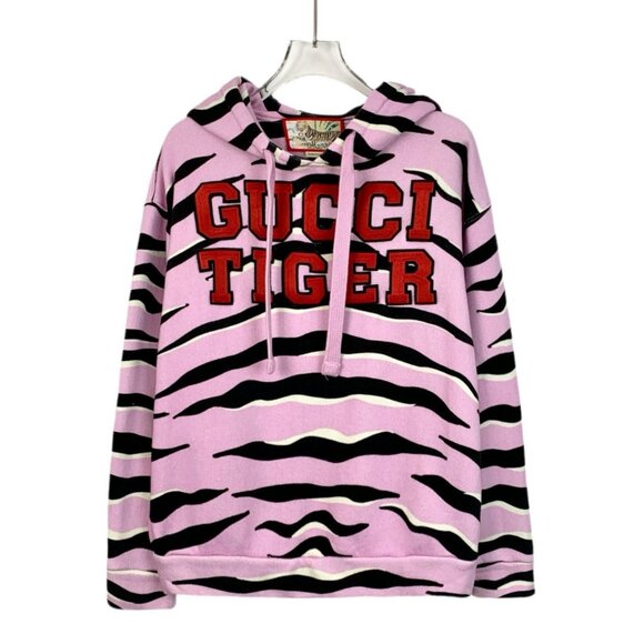 Gucci Tiger Pink Zebra Print Hooded Sweatshirt S Cotton Made In Italy Long Sleev